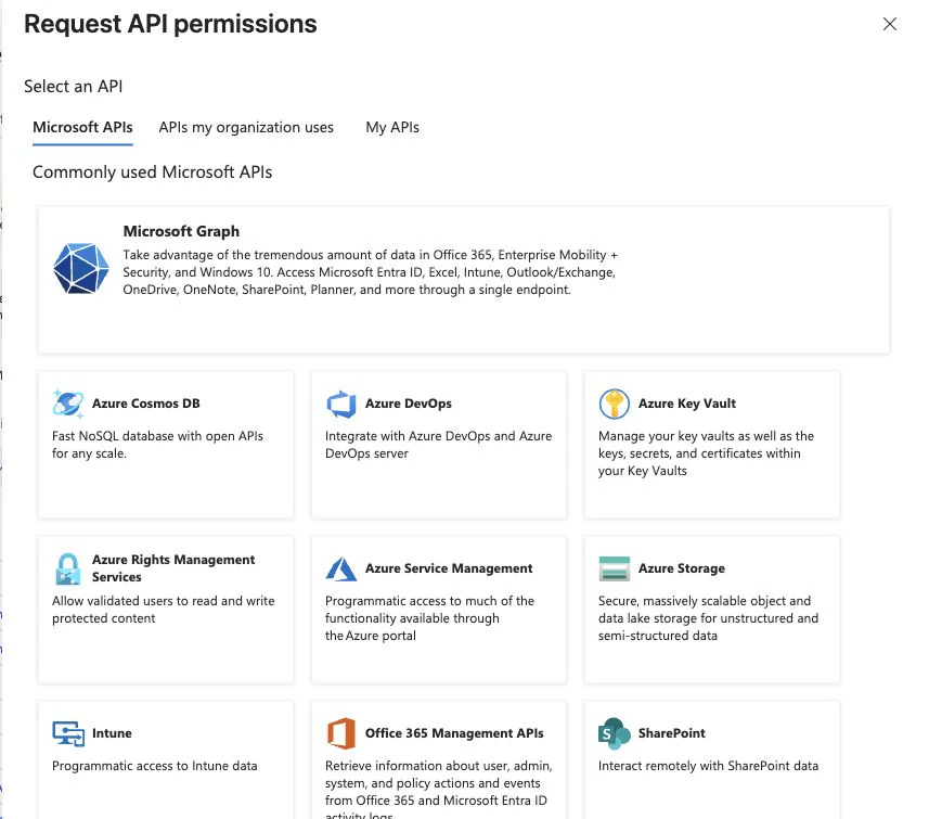 Select Microsoft Graph in Request API permissions