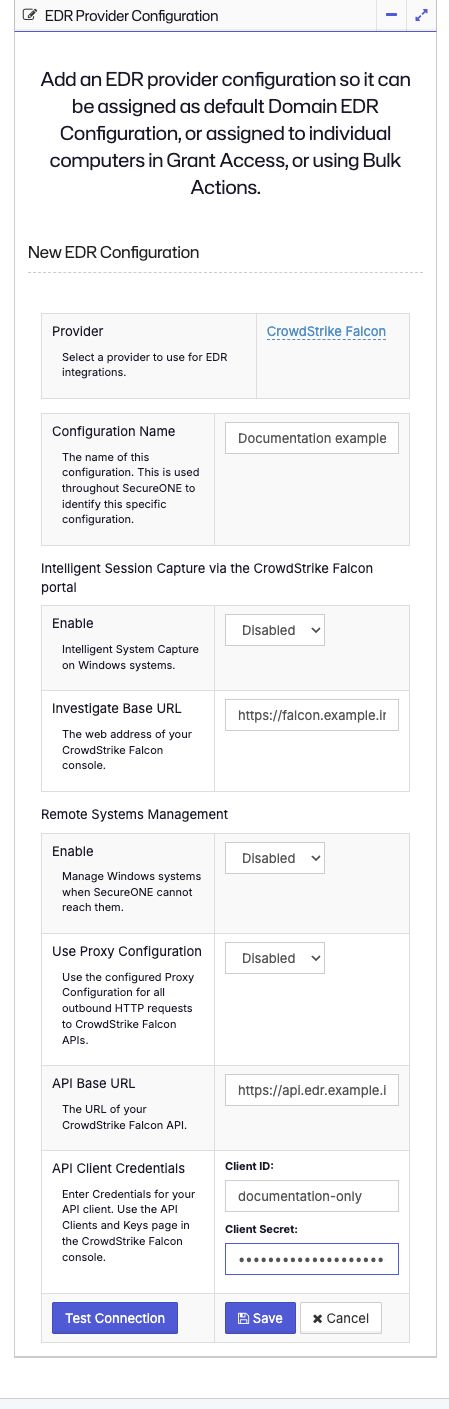Review the CrowdStrike Falcon EDR configuration fields in NPS-D