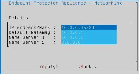2510 Network Configuration — IP, subnet, gateway, both DNS fields filled