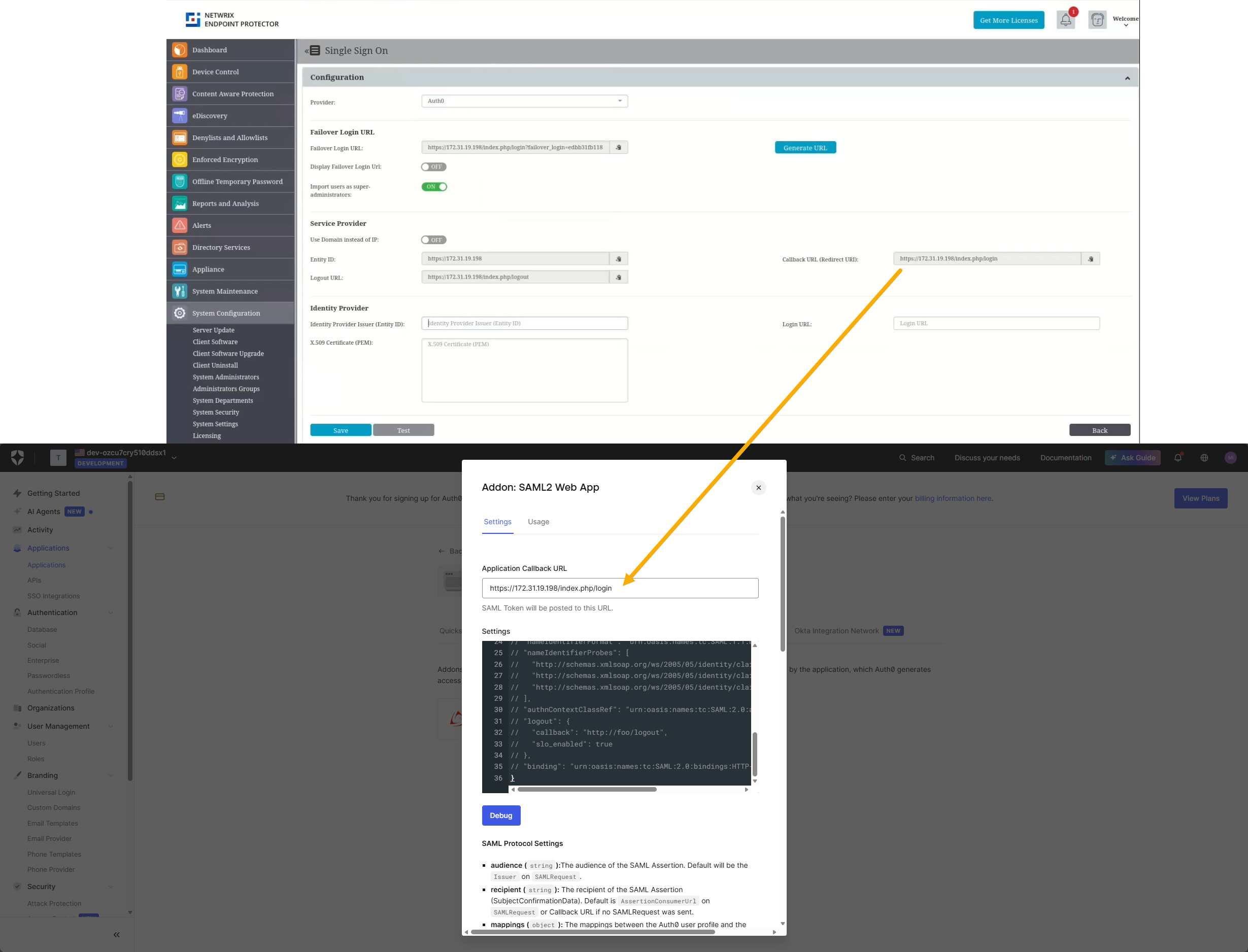 Add the Callback URL displayed in Endpoint Protector