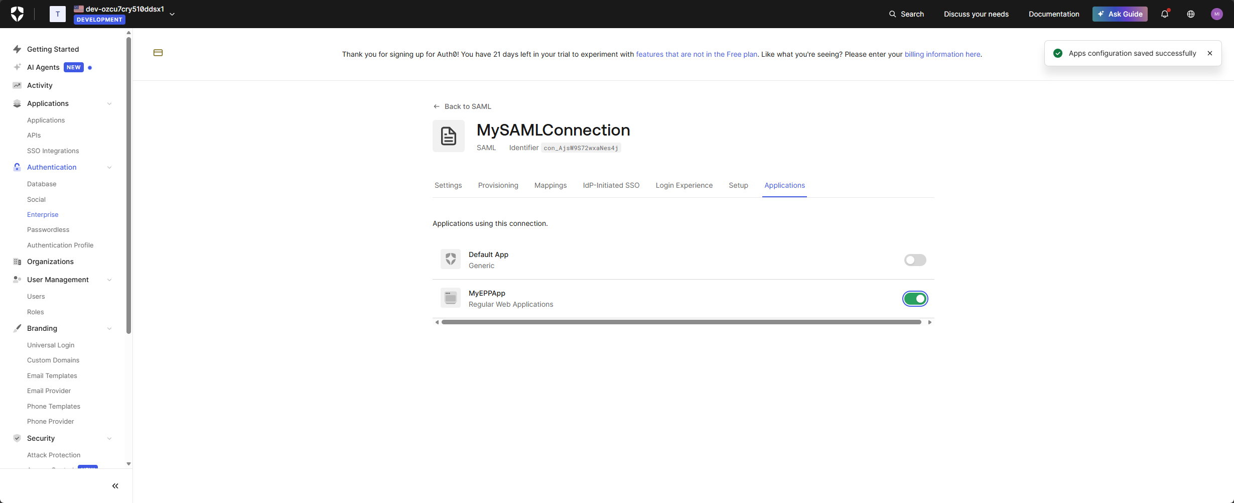 Enable SAML Connection for the app