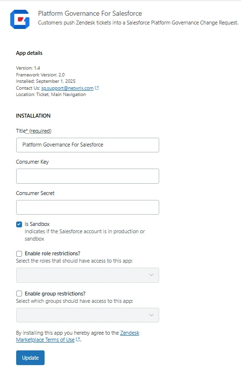 Set up the Platform Governance for Salesforce Zendesk app