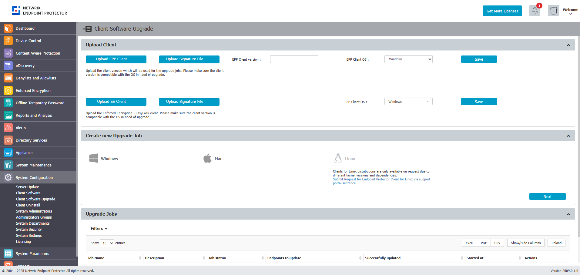System Configuration → Client Software — uploaded client versions