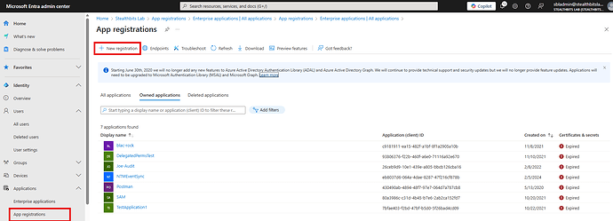 App registrations page with New registration button