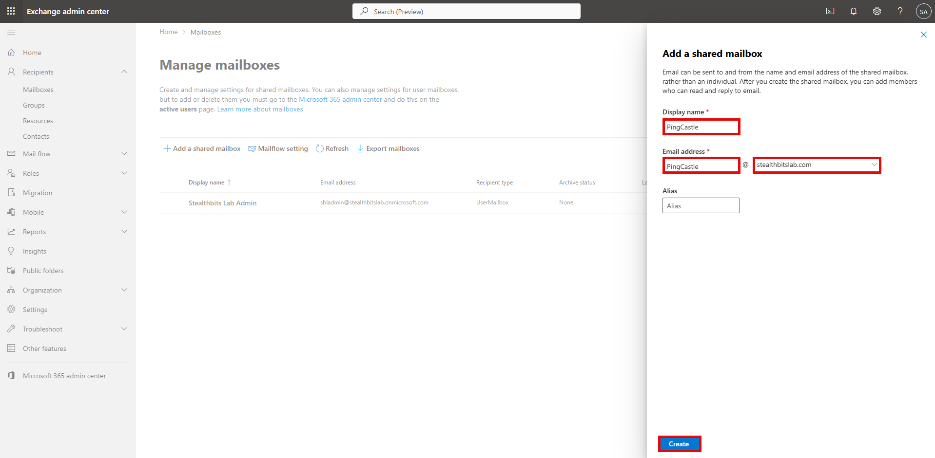 Add a shared mailbox form