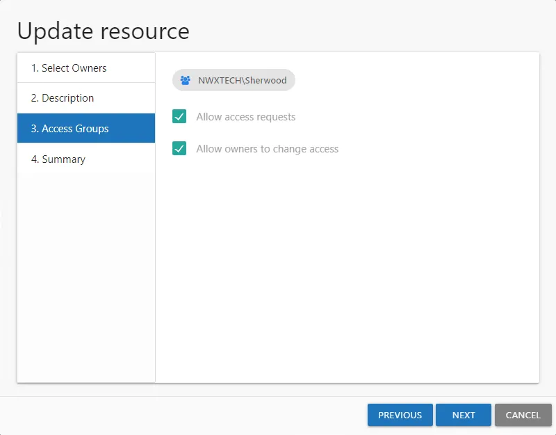 Update resource wizard showing 3. Access Groups page