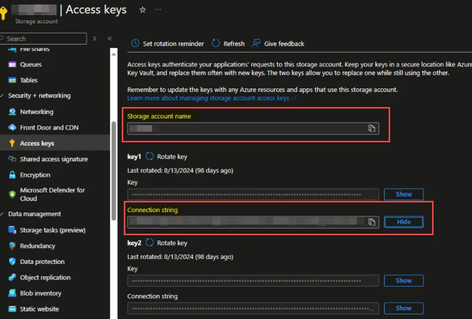 Storage account name and Connection string in Azure
