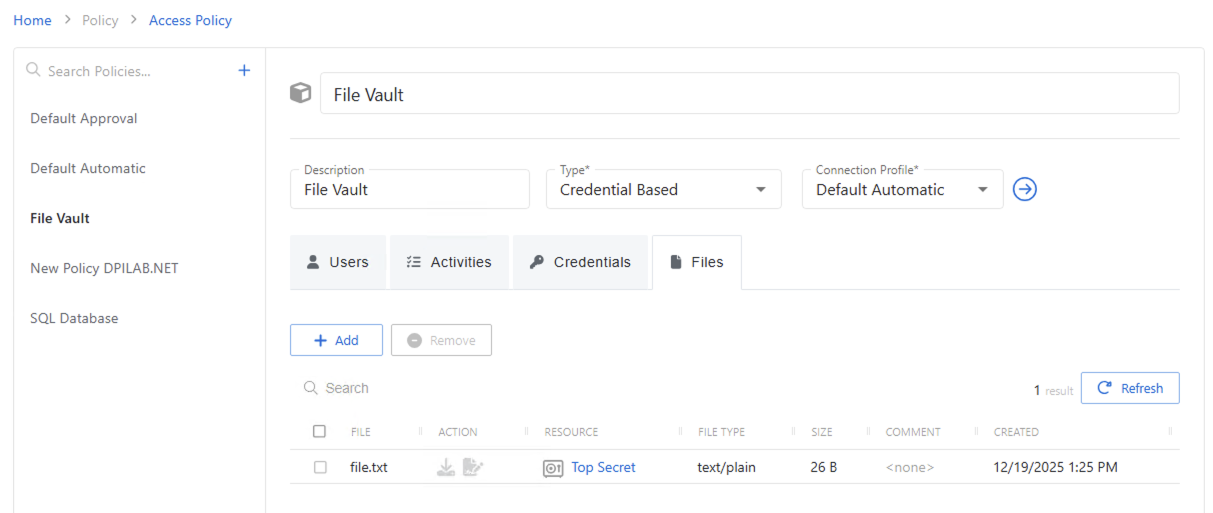 Credential based policy credential tab