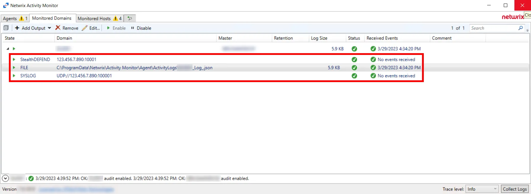 Monitored Domains tab with Domain Outputs added