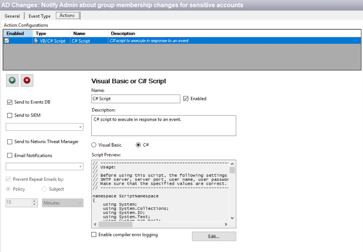 Template – Actions tab