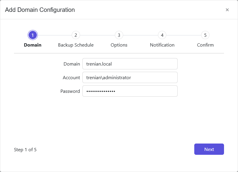 Add Domain Configuration wizard - Domain page
