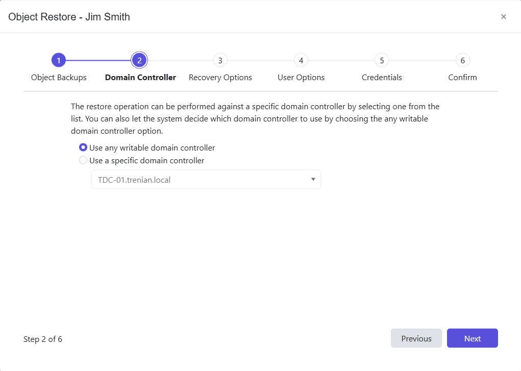 Object Restore wizard - Domain Controller page