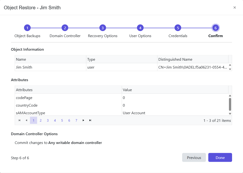 Object Restore wizard - Confirm page