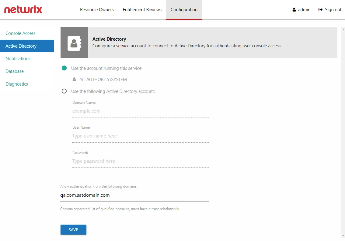 Configuration interface showing the Active Directory page