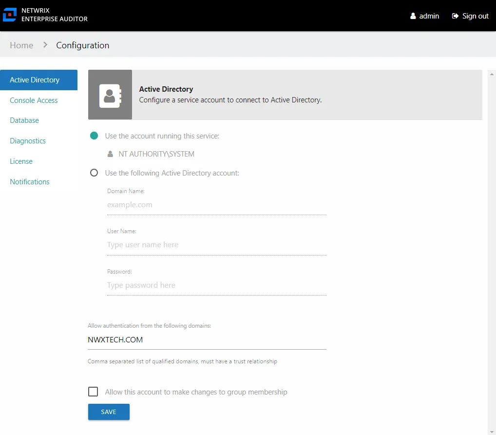 Configuration interface showing the Active Directory page