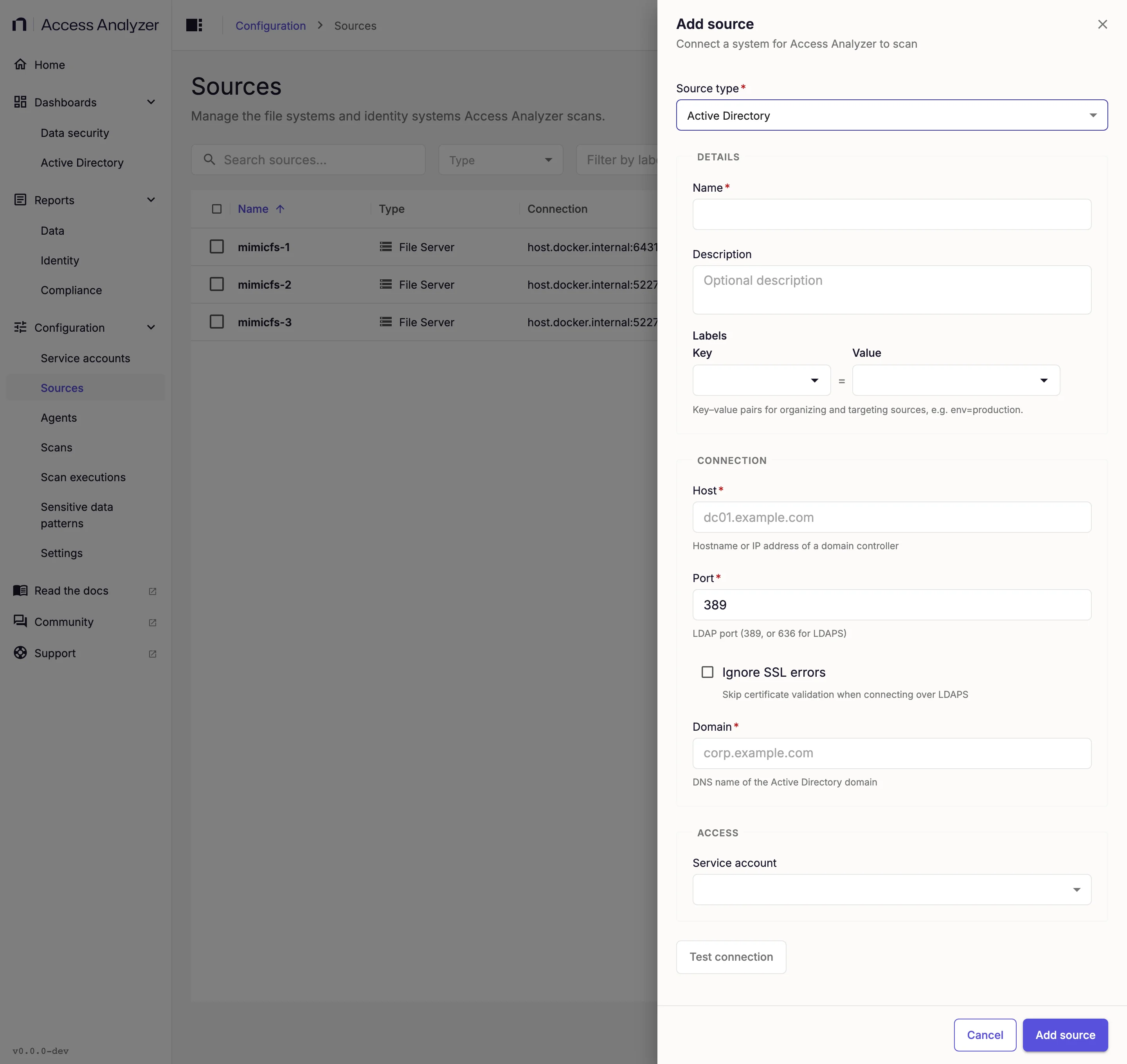 Add source drawer for an Active Directory source