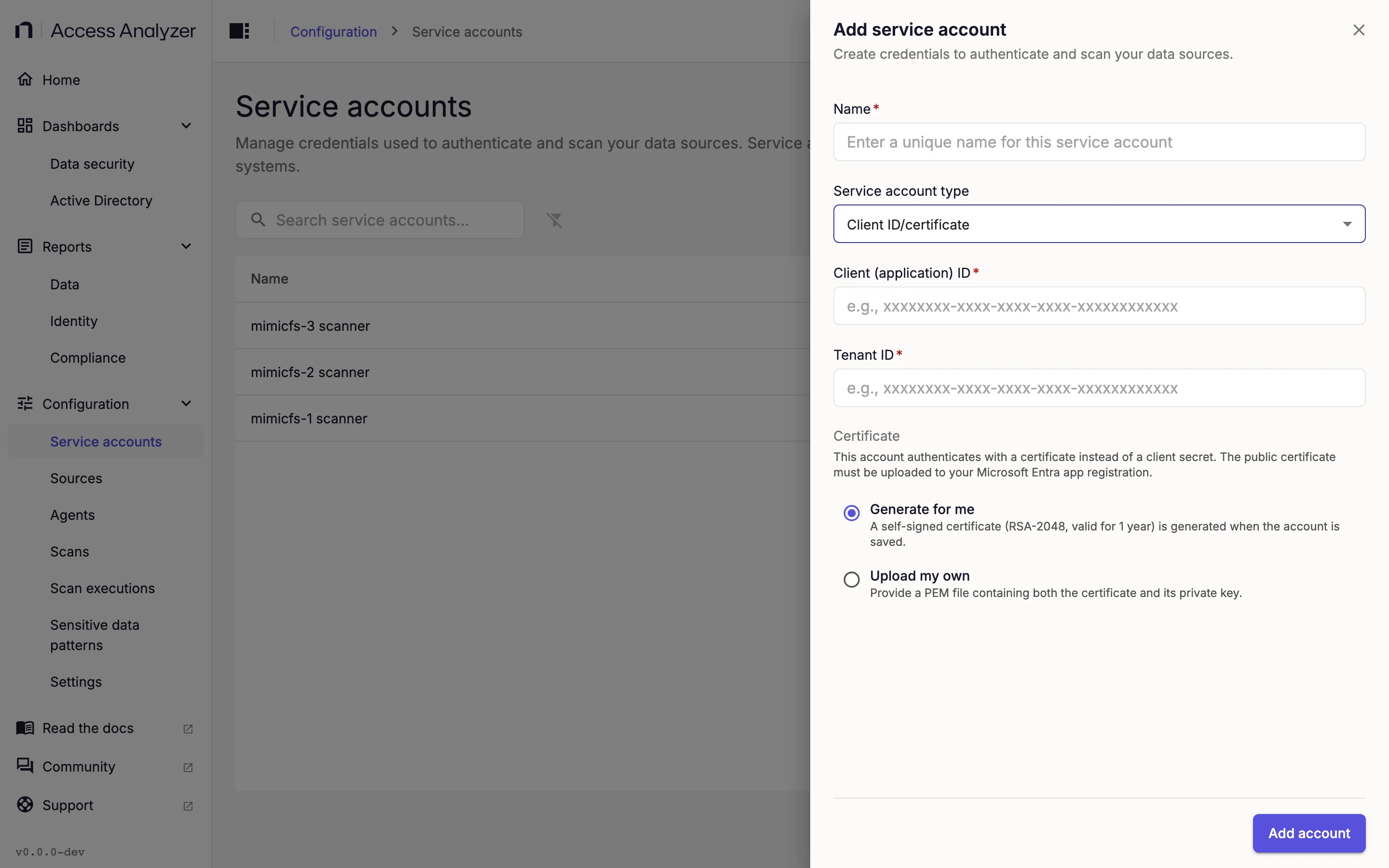 Add service account dialog with Client ID/certificate selected