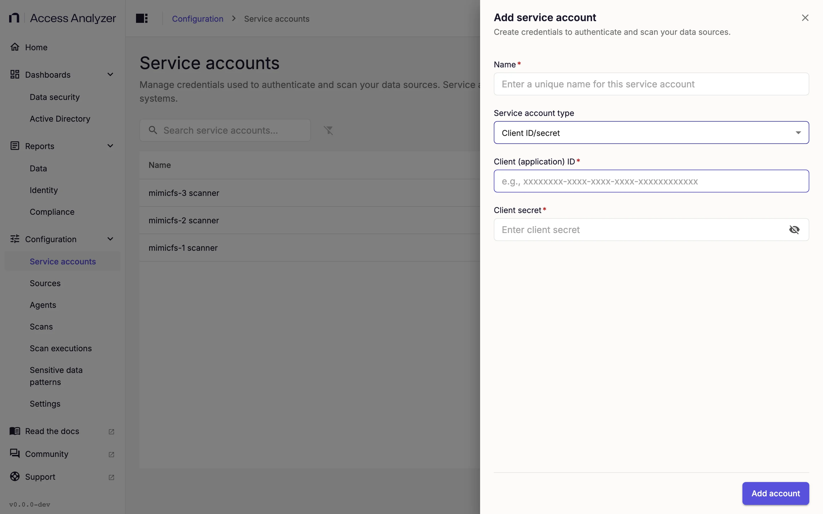 Add service account dialog with Client ID/secret selected