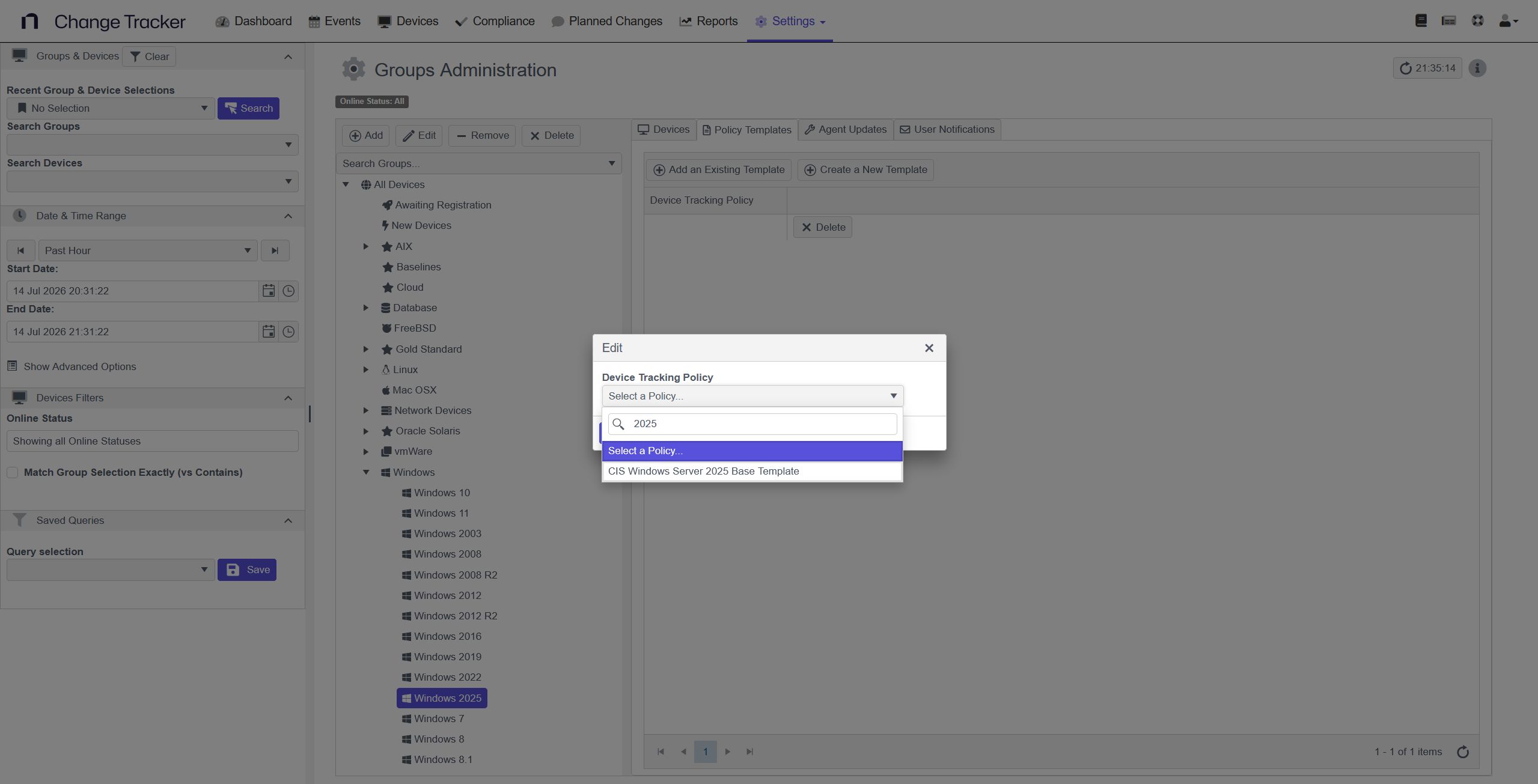 Selecting an existing template to add to a device group