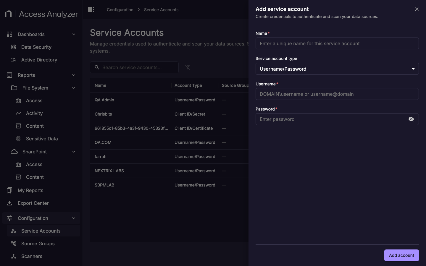 Add service account form showing Username/Password fields: name, username, and password