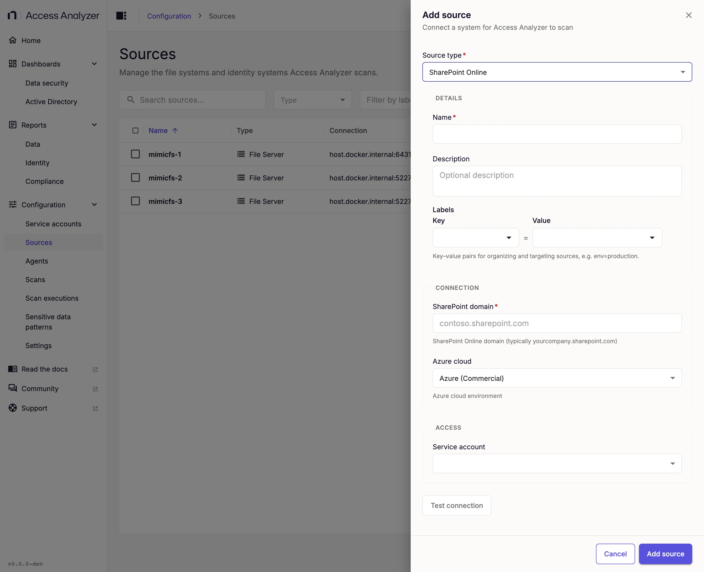 Add source drawer for a SharePoint Online source