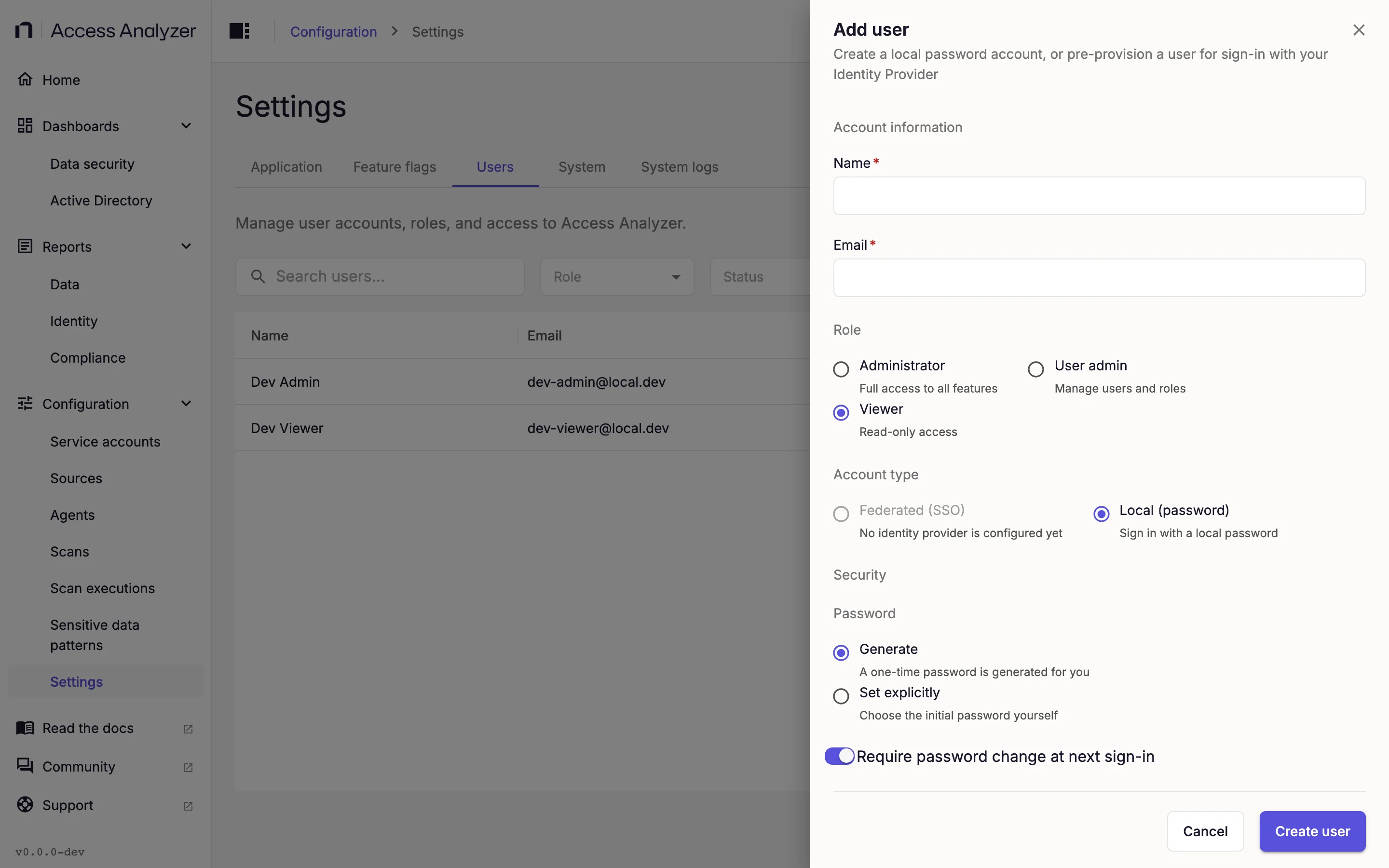 Add user dialog with account information, role, account type, and password options
