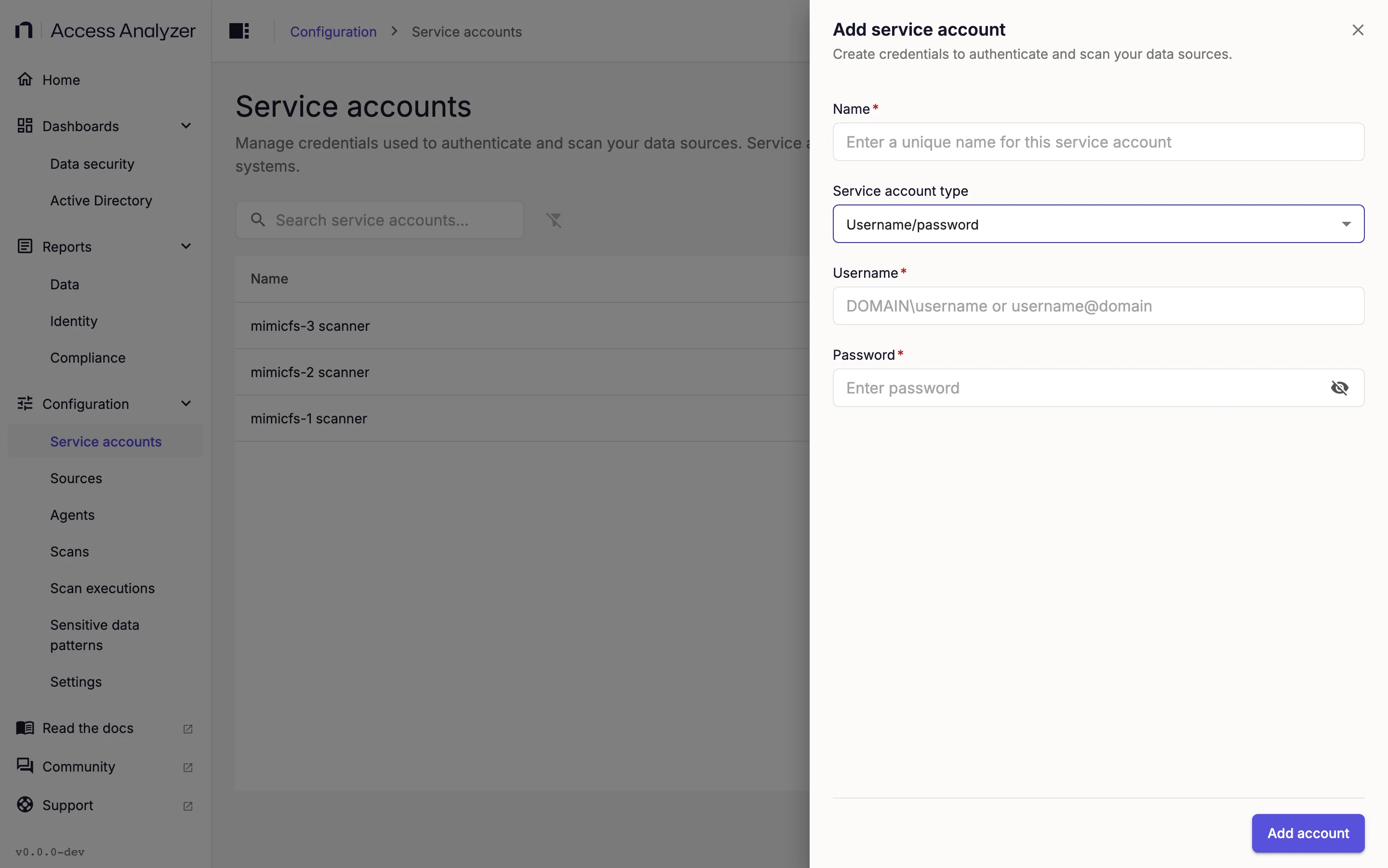 Add service account dialog with Username/password selected