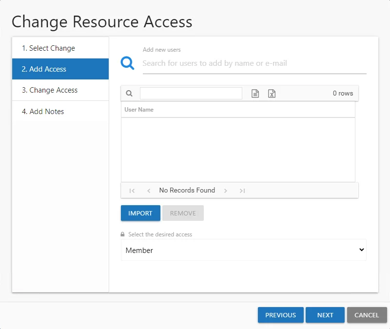 Change Resource Access wizard showing 2. Add Access page