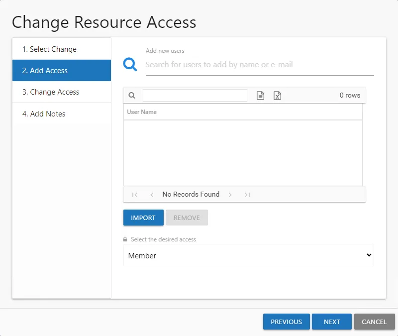 Change Resource Access wizard showing 2. Add Access page