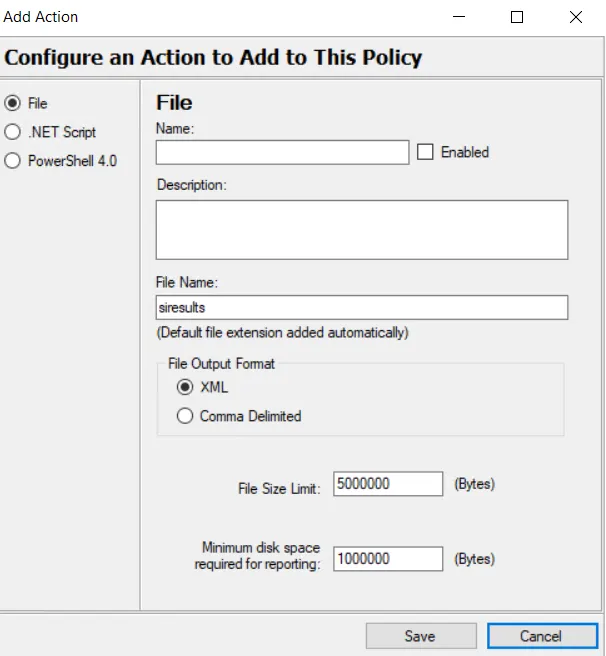 Policy &gt; Actions tab &gt; Add Actions window