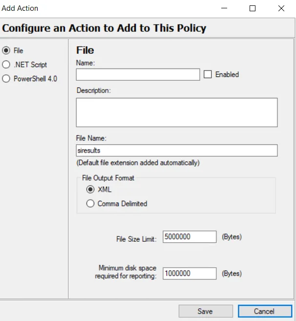 Policy &gt; Actions tab &gt; Add Actions window