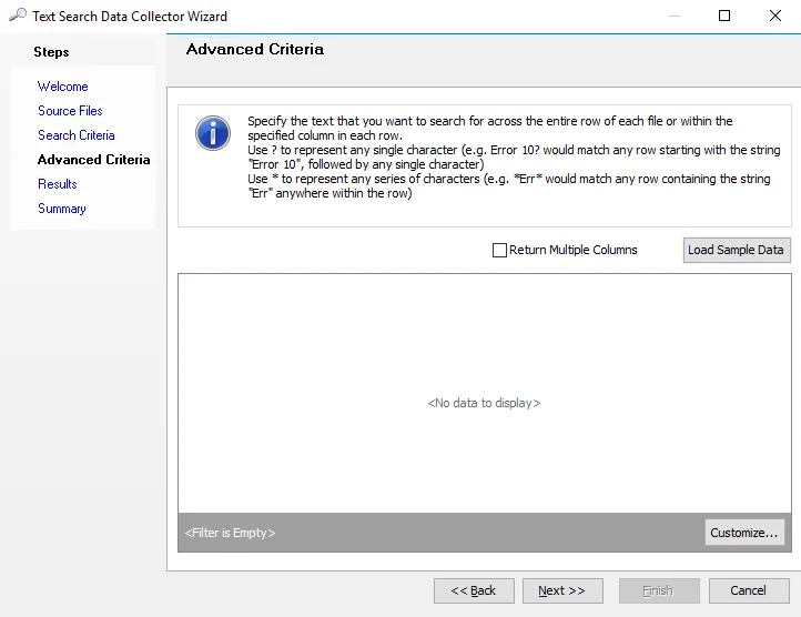 Text Search Data Collector Wizard Advanced Criteria page