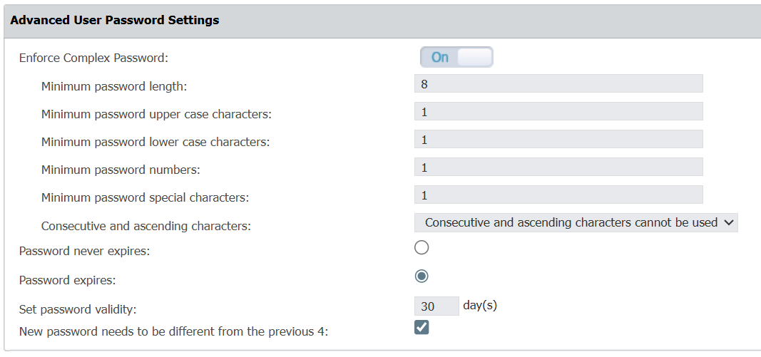 Advanced User Password Settings