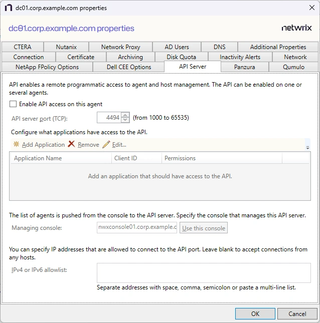 API Server Tab for Agent Properties