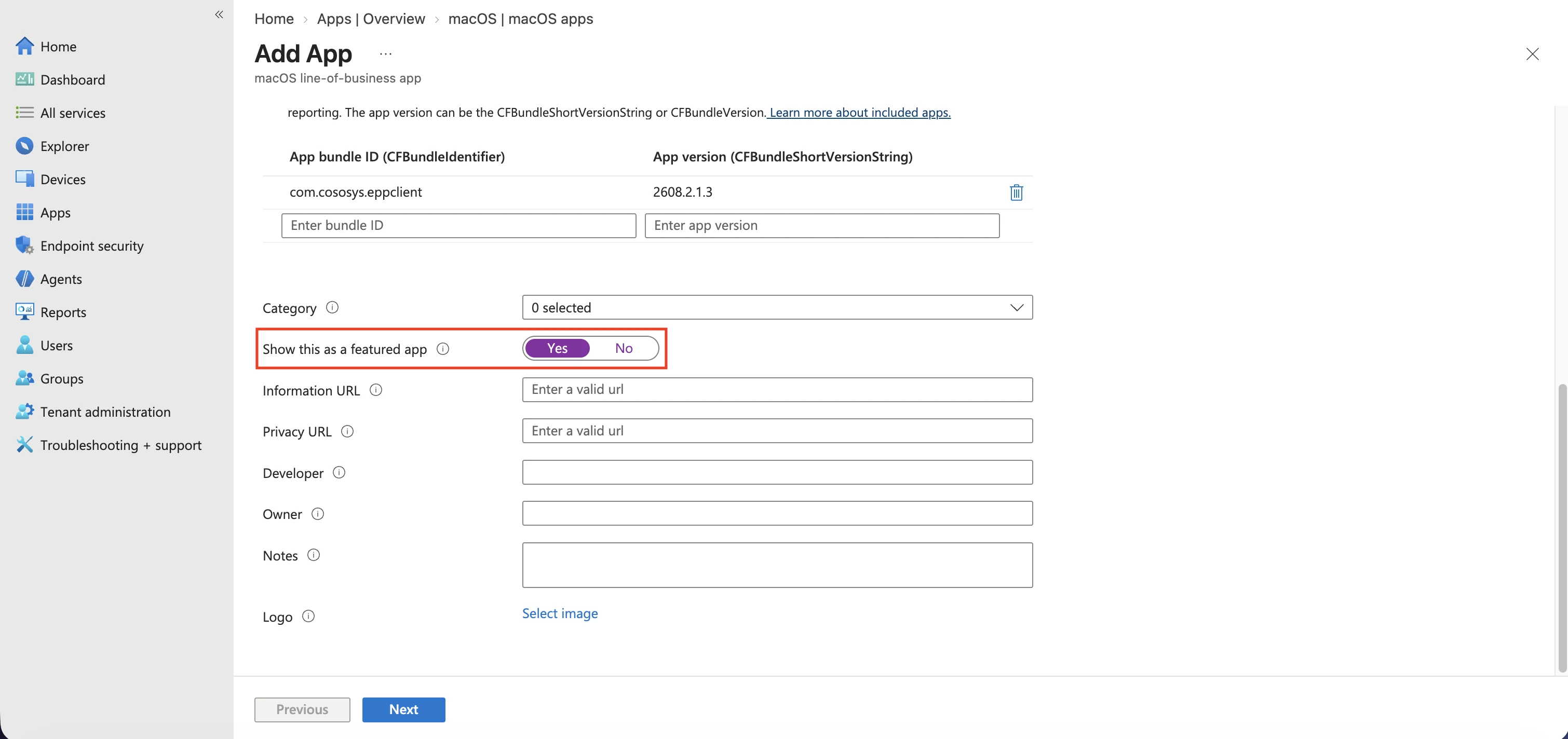 Completing the App information page, including the featured app option