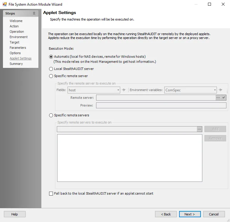 File System Action Module Wizard Applet Settings page