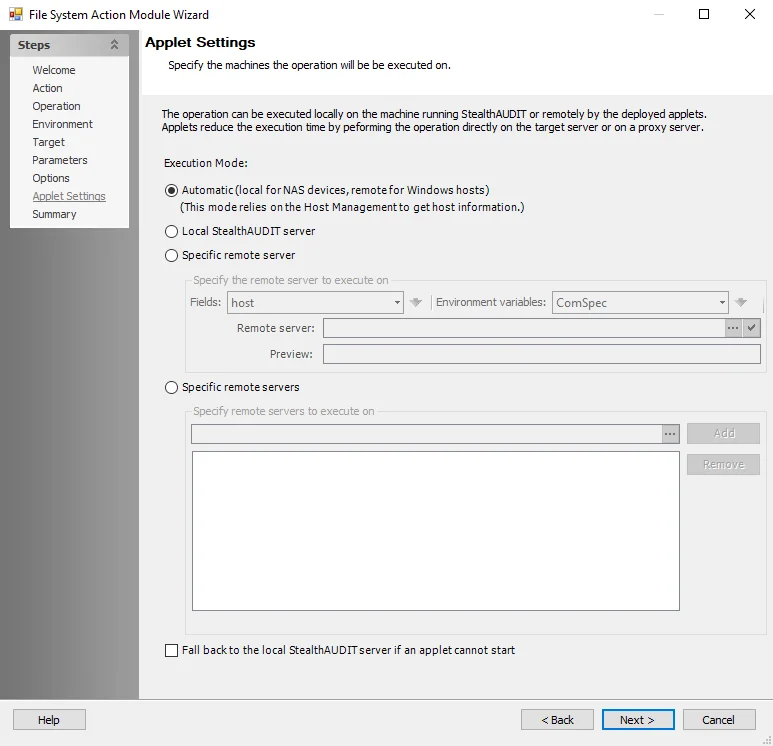 File System Action Module Wizard Applet Settings page