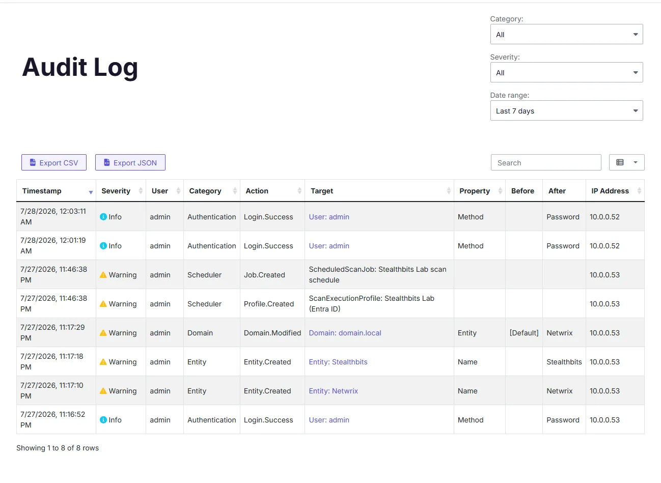 A screenshot of the audit log list view showing rows of administrative changes with columns for timestamp, severity, user, category, action, target, property, before, after, and IP address.