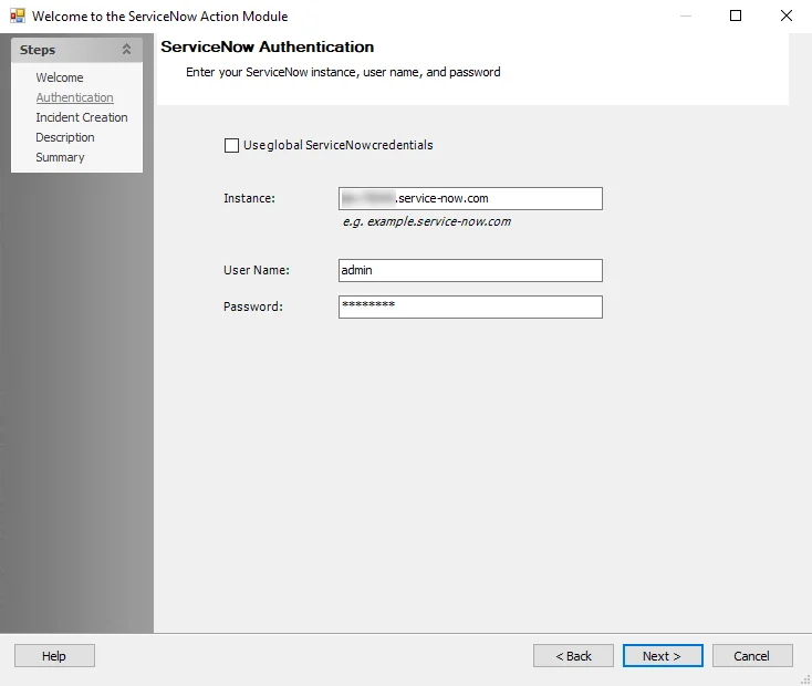 ServiceNow Action Module wizard Authentication page