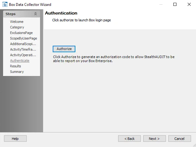 Box DC Wizard Authentication page