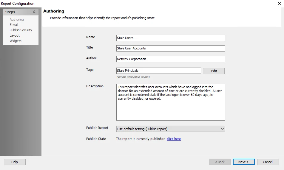 Report Configuration wizard Authoring page