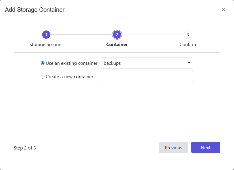 Add Storage Container wizard – Container page