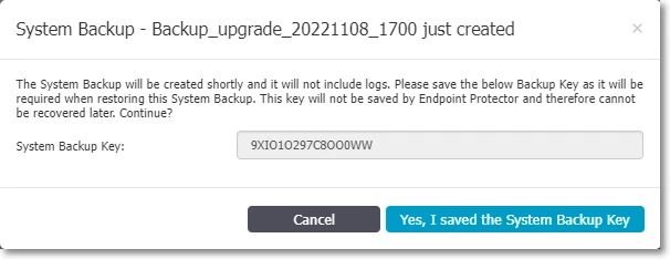 System Backup Key prompt modal