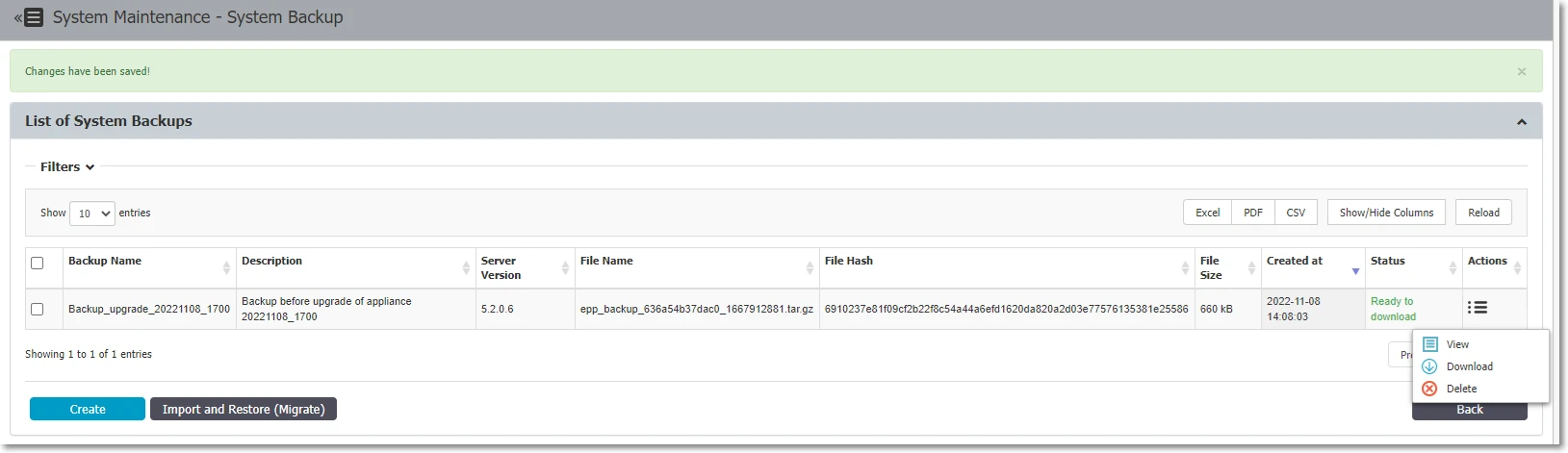 System Backup list — Ready to download status after creation