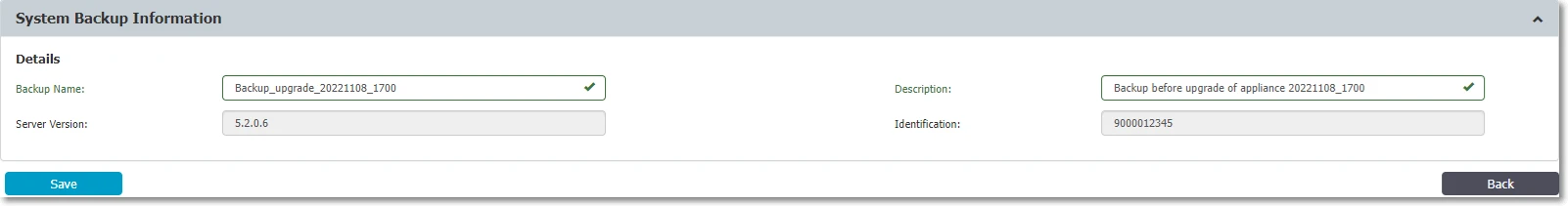 System Maintenance → System Backup — backup creation wizard