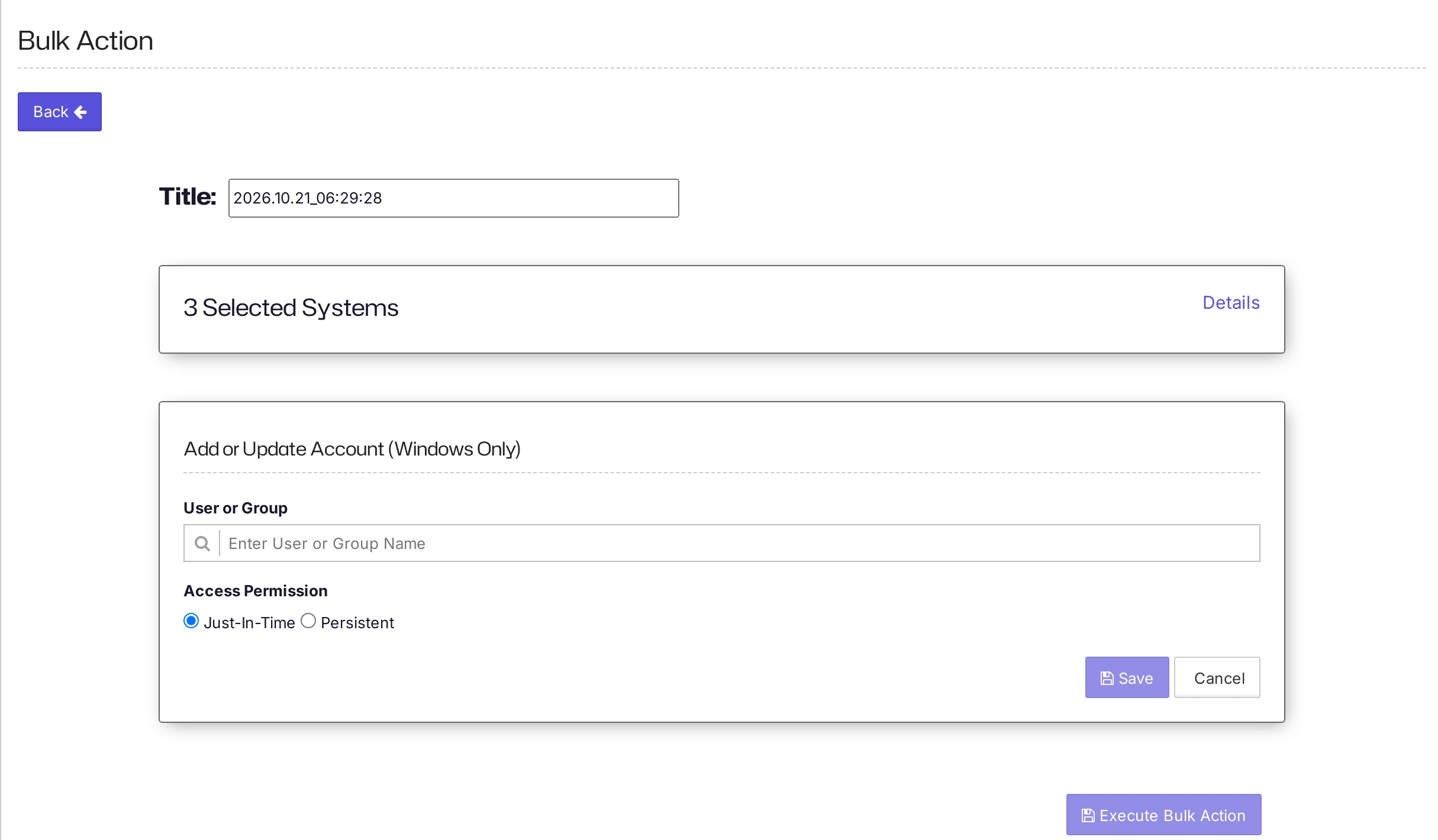 The Add or Update Account bulk action with the Access Permission options