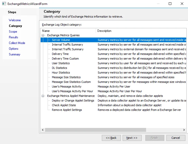 Exchange Metrics Data Collector Wizard Category page