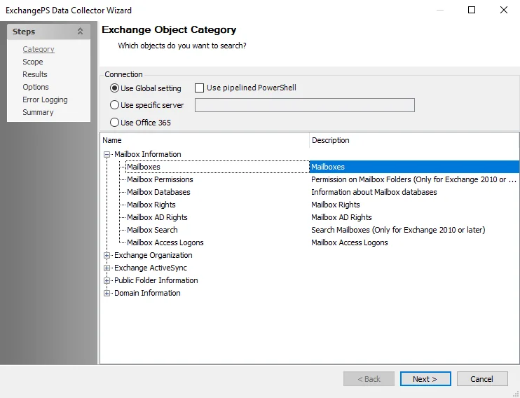 ExchangePS Data Collector Wizard Category page