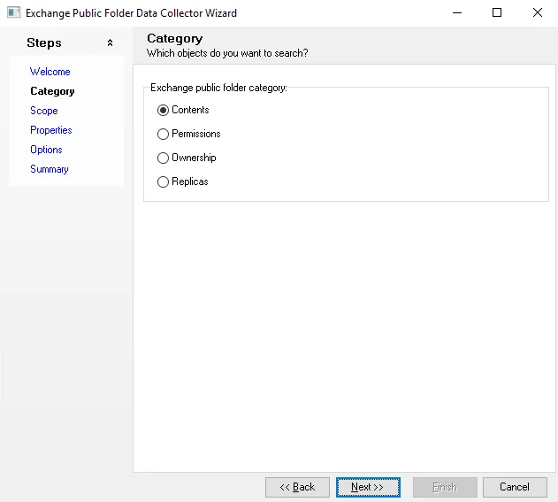 Exchange Public Folder Data Collector Wizard Category page