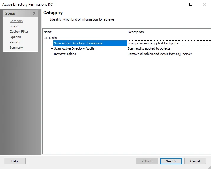 ADPermissions Data Collector wizard Category page